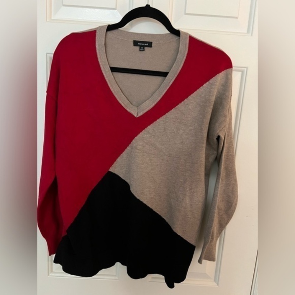 Verve Ami V neck Sweater Womens XL Red Black Tan